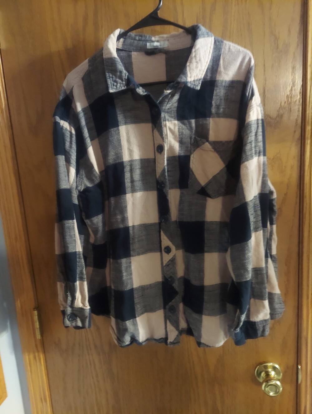Maurices Womens 2X Oversized Buffalo Plaid Flannel Shirt Navy Blue Beige 100% Co